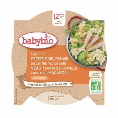 Органски оброк од грашок, пашканат, телешко месо и макарони со мајчина душица без додадено млеко и с