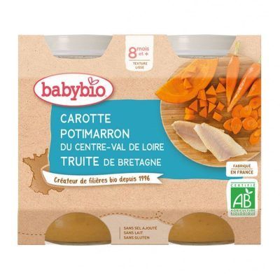 Органска безглутенска каша од морков, тиква и речна пастрмка без додадено млеко и сол за 8+ месеци -