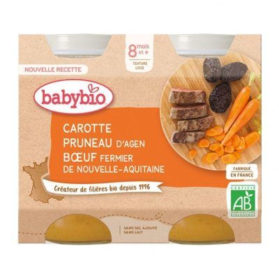 Органска каша од морков, суви сливи и телешко месо без додадено млеко и сол за 8+ месеци - 2х200 гр.