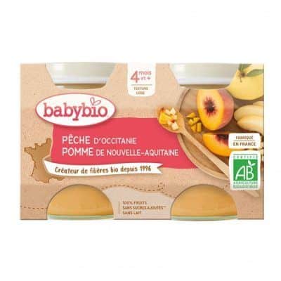 Органска безглутенска овошна каша од јаболко и праска без додадено млеко и шеќер за 4+ месеци - 2х13