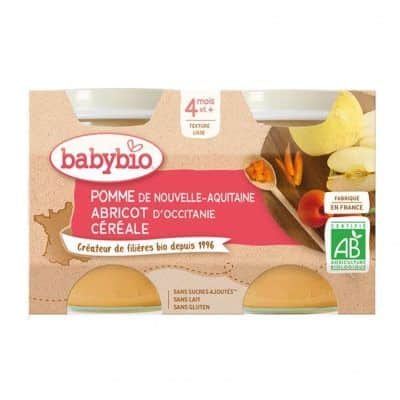 Органска безглутенска овошна каша од јаболко, кајсија и житарици без додадено млеко и шеќер за 4+ ме