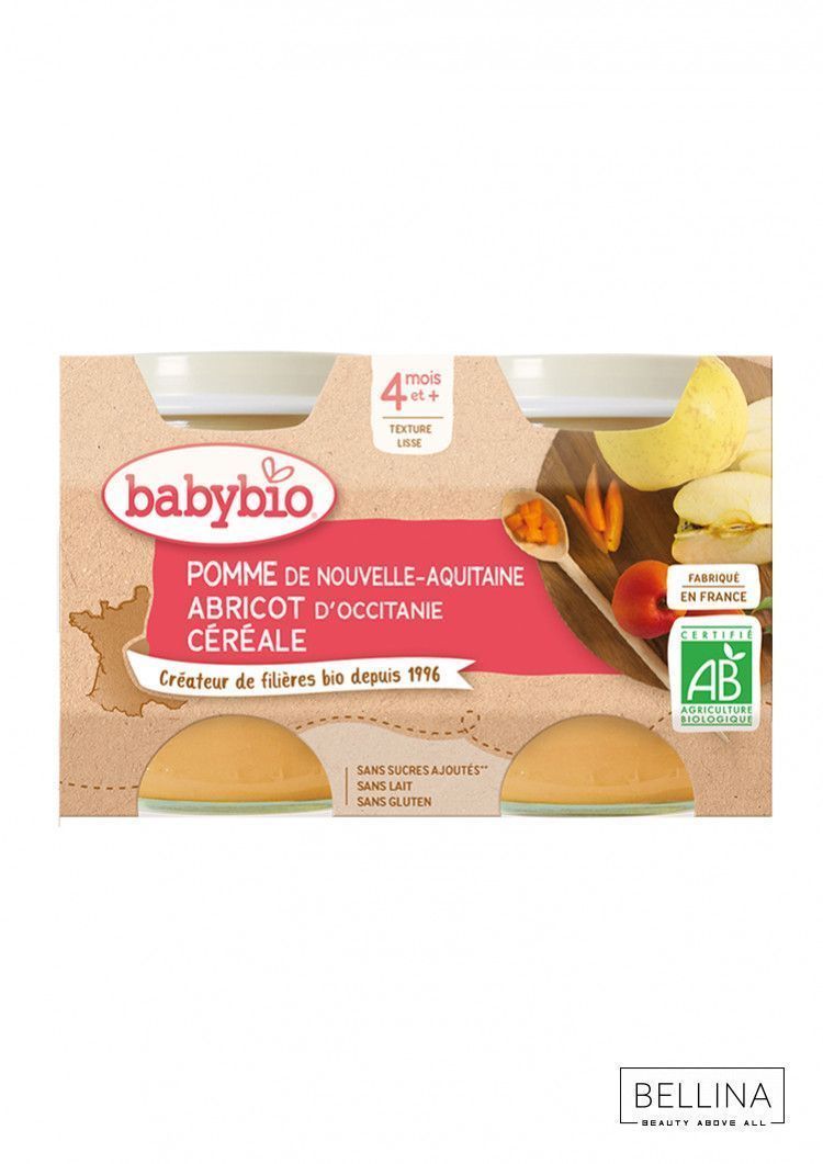 Органска безглутенска овошна каша од јаболко, кајсија и житарици без додадено млеко и шеќер за 4+ ме