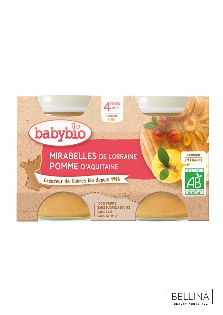 Органска безглутенска овошна каша од мирабел слива и јаболко без додадено млеко и шеќер за 4+ месеци