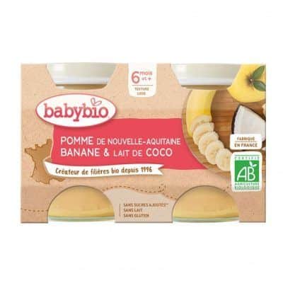 Органска безглутенска овошна каша од јаболко, банана и млеко од кокос без додадено млеко и шеќер за