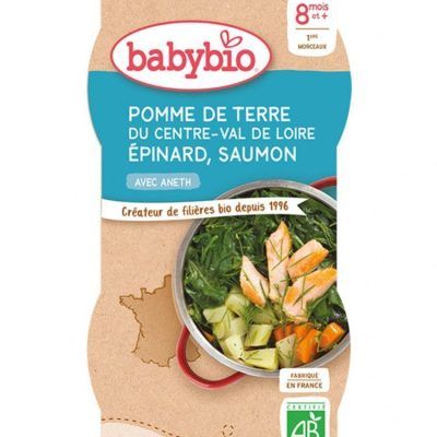 Органски безглутенски оброк од компир, спанаќ, лосос и копар без додадено млеко и сол за 8+ месеци -