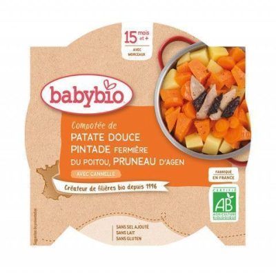 Органски безглутенски оброк од сладок компир, месо од бисерка и суви сливи без додадено млеко и сол