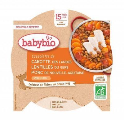 Органски безглутенски оброк од морков, свинско месо и леќа без додадено млеко и сол за 15+ месеци -