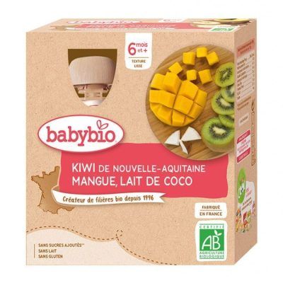 Органско безглутенско пире од киви, манго и млеко од кокос без додадено шеќер и млеко за 6+ месеци -