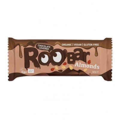 Органски безглутенски бар со бадеми прелиен со чоколадо - 30 гр.