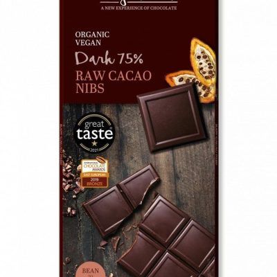 Органско безглутенско темно чоколадо со 75% какао и какао зрна - 60 гр.