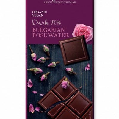 Органско безглутенско темно чоколадо со 70% какао и вода од роза - 60 гр.