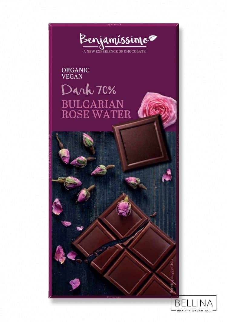 Органско безглутенско темно чоколадо со 70% какао и вода од роза - 60 гр.