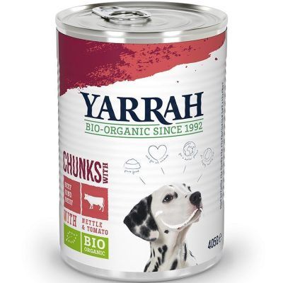 Органска храна со парчиња говедско месо за кучиња - 405 гр.