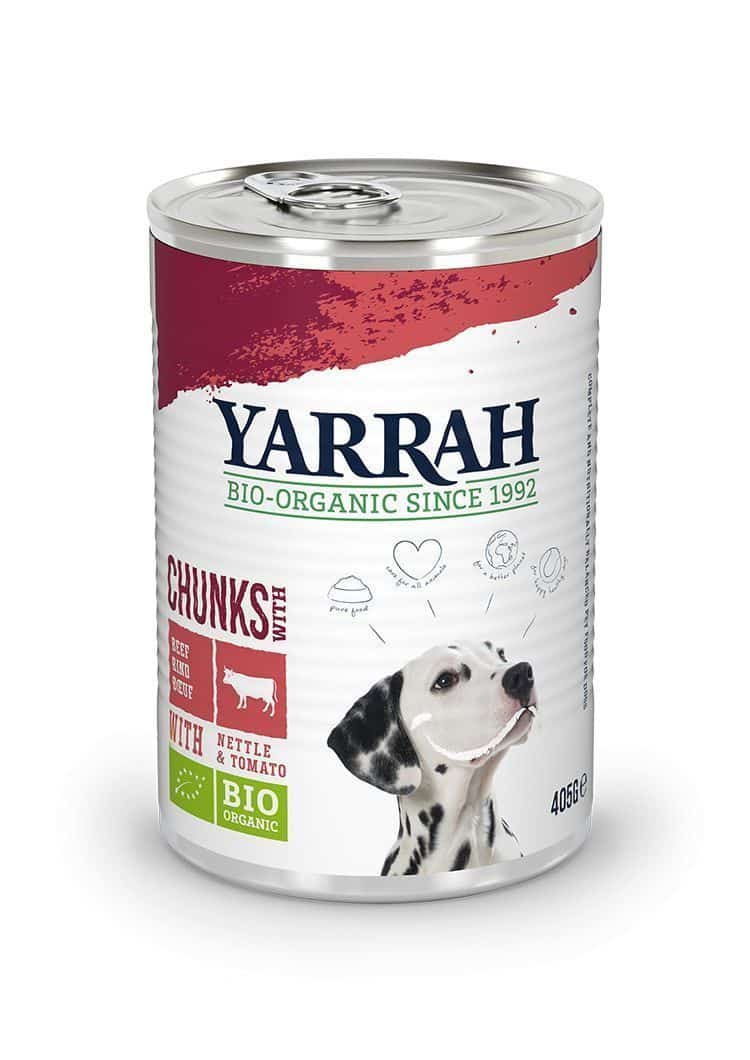 Органска храна со парчиња говедско месо за кучиња - 405 гр.