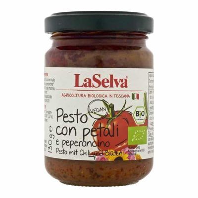 Органски песто сос со домати, чили пиперки и цветни ливчиња - 130 гр.