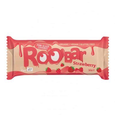 Органски безглутенски бар со јагоди и розева глазура - 30 гр.