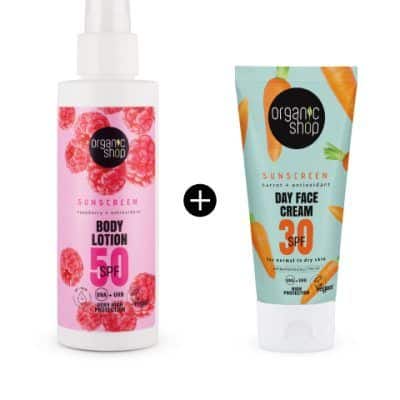 1+1 Водоотпорен лосион за тело со SPF 50 - 150 мл. + Хидратантна крема за лице со SPF30 - 50 мл.